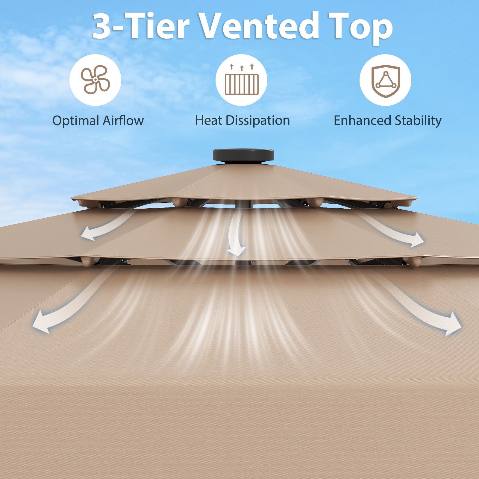 3m Solar Patio Umbrella with 32 LED Lights and 3-Tier Vented Top-Brown