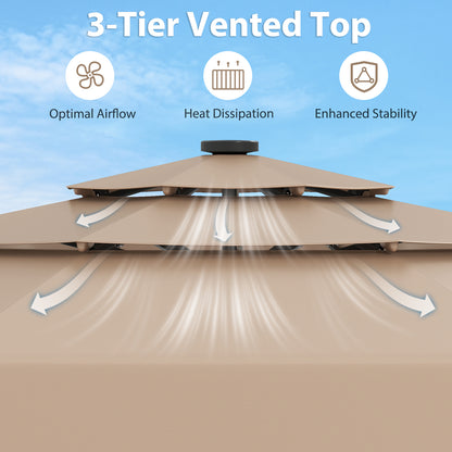 3m Solar Patio Umbrella with 32 LED Lights and 3-Tier Vented Top-Brown