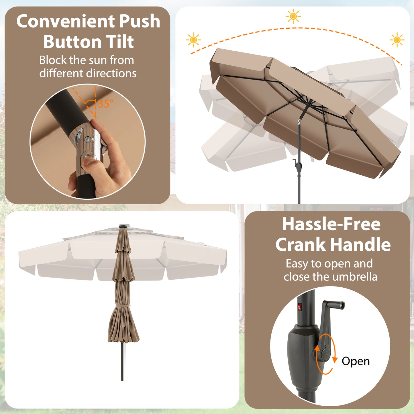 3m Solar Patio Umbrella with 32 LED Lights and 3-Tier Vented Top-Brown