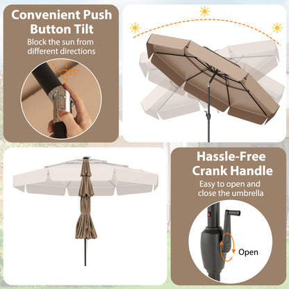 3m Solar Patio Umbrella with 32 LED Lights and 3-Tier Vented Top-Brown