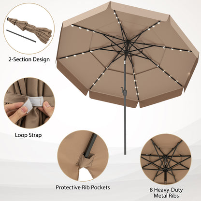 3m Solar Patio Umbrella with 32 LED Lights and 3-Tier Vented Top-Brown