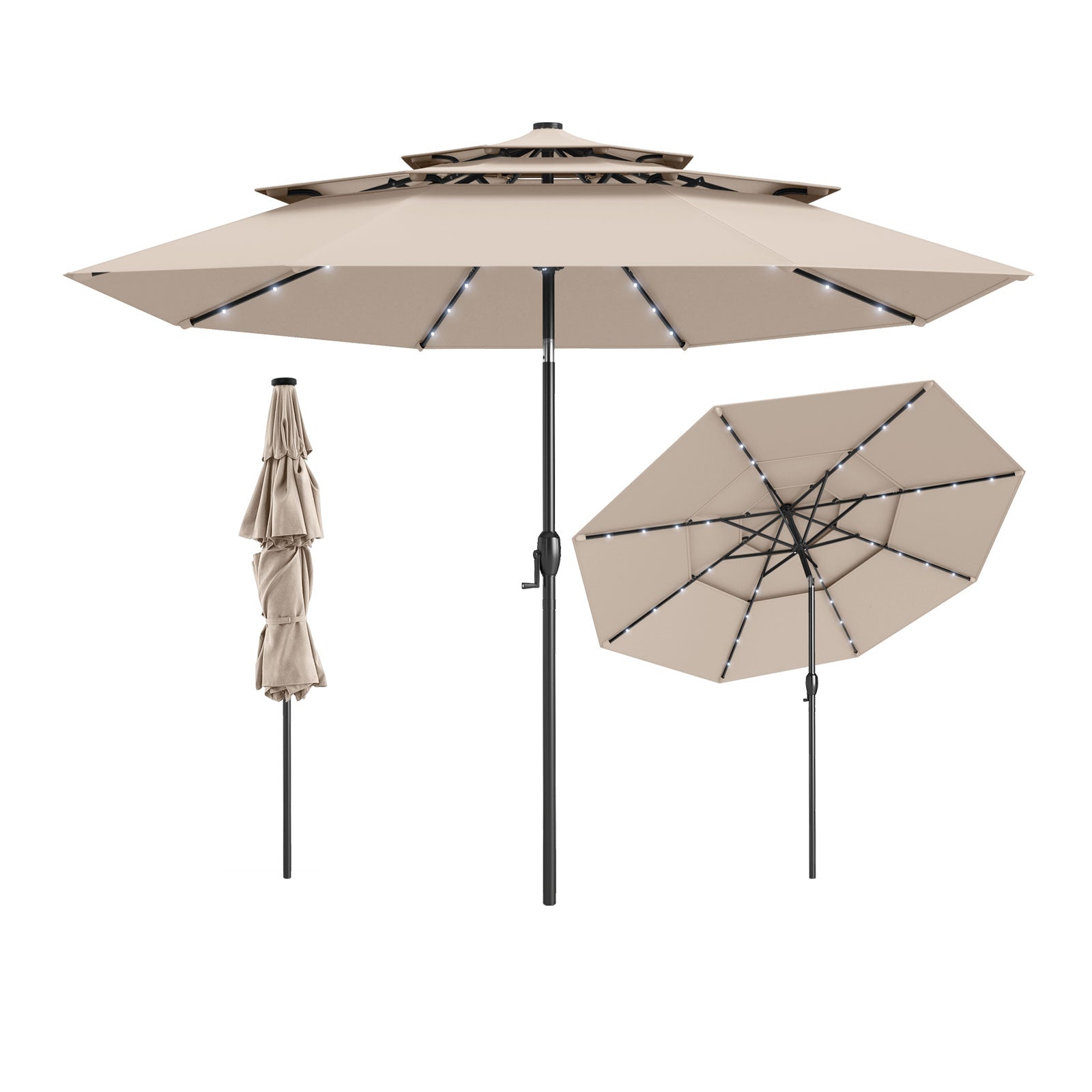 3m Solar Patio Umbrella with 32 LED Lights 3-Tier Vented Top-Beige