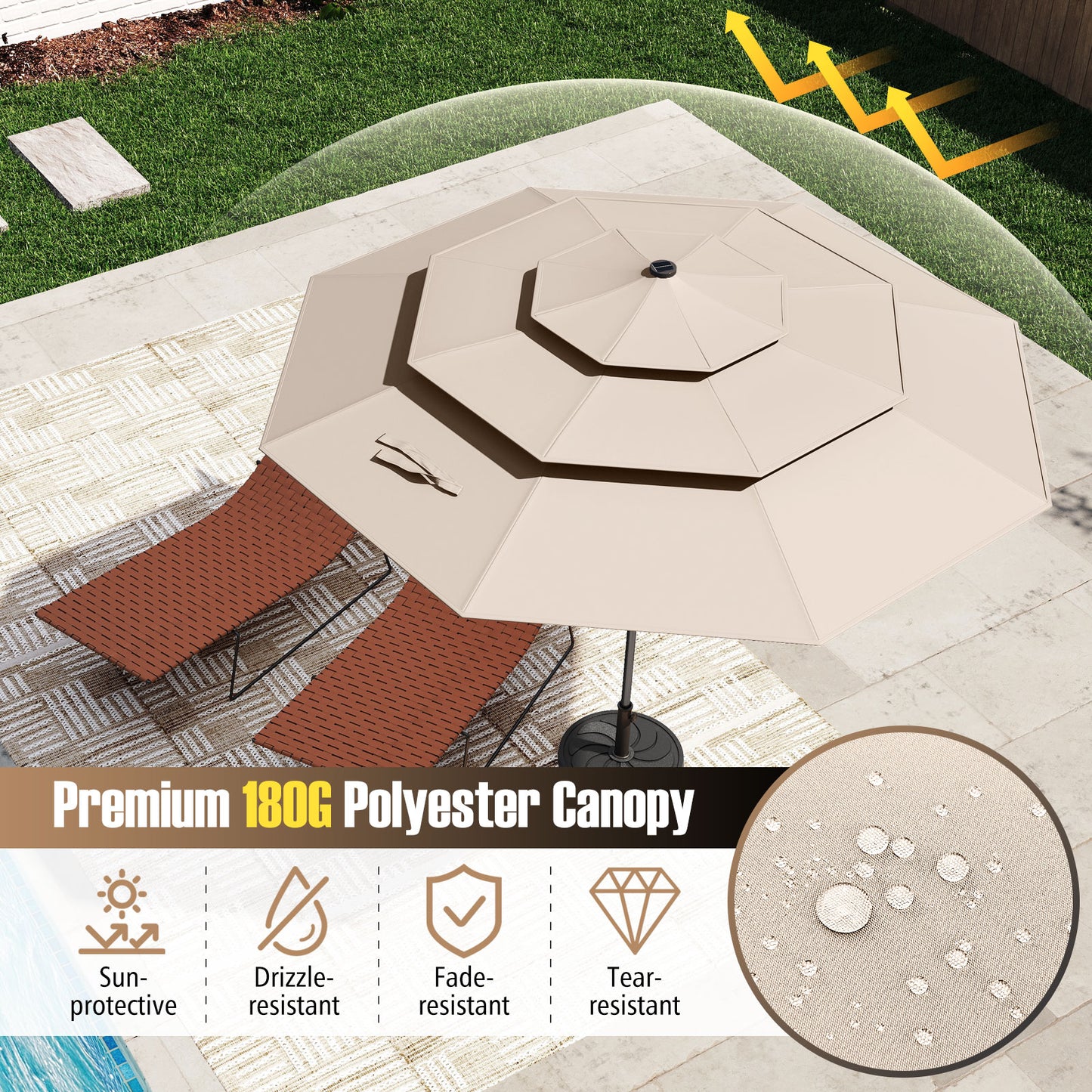 3m Solar Patio Umbrella with 32 LED Lights 3-Tier Vented Top-Beige