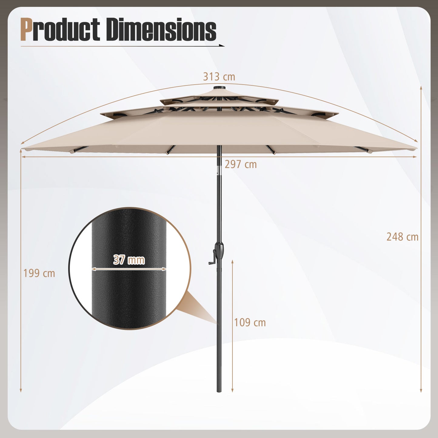 3m Solar Patio Umbrella with 32 LED Lights 3-Tier Vented Top-Beige