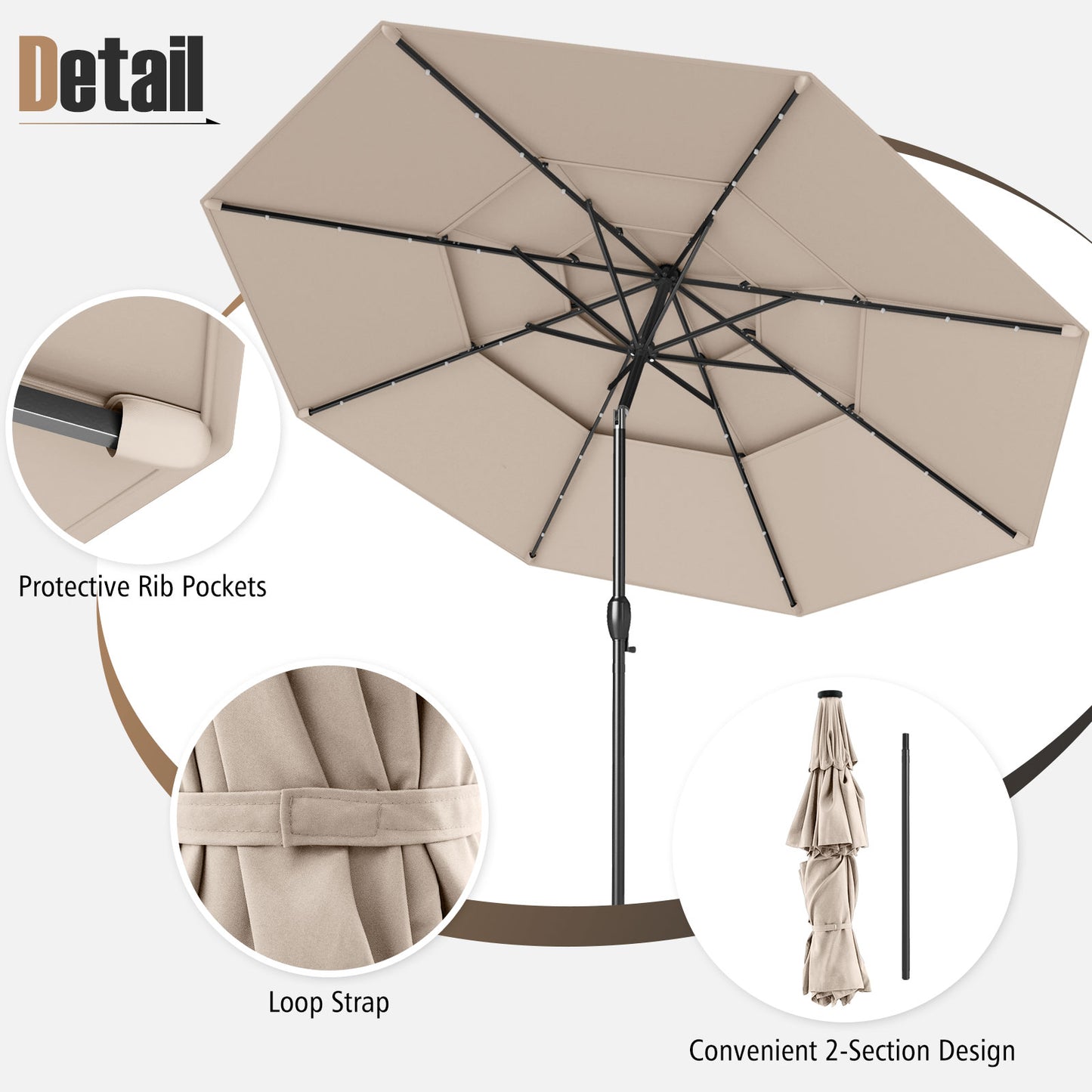 3m Solar Patio Umbrella with 32 LED Lights 3-Tier Vented Top-Beige