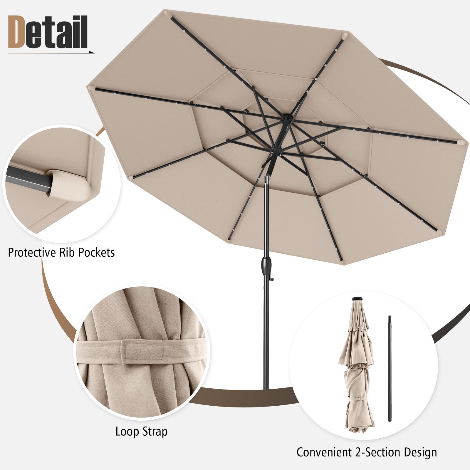 3m Solar Patio Umbrella with 32 LED Lights 3-Tier Vented Top-Beige