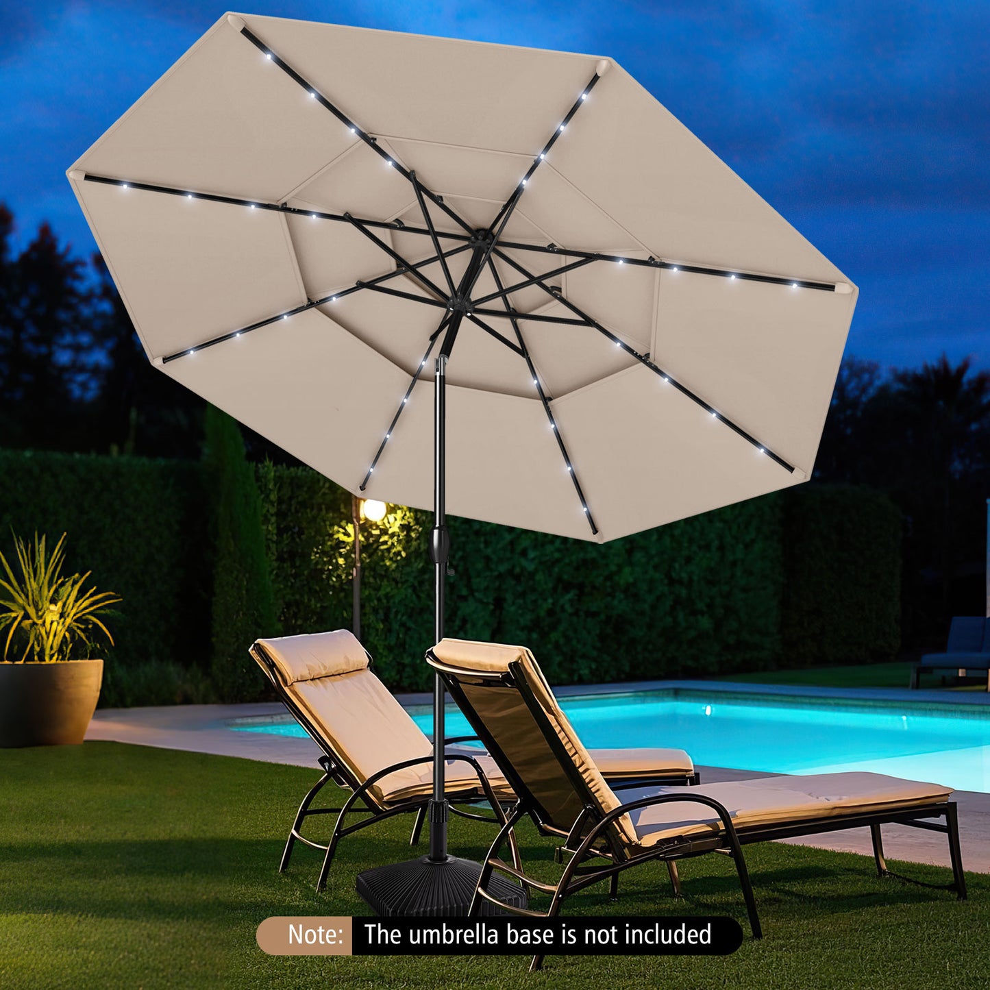 3m Solar Patio Umbrella with 32 LED Lights 3-Tier Vented Top-Beige