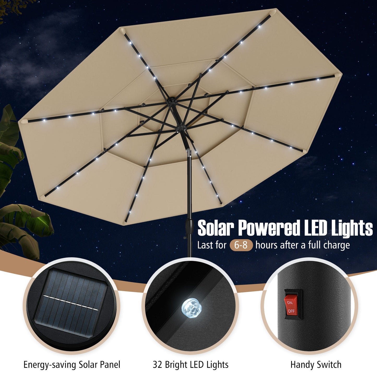 3m Solar Patio Umbrella with 32 LED Lights 3-Tier Vented Top-Beige