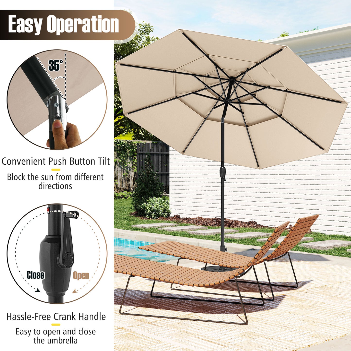 3m Solar Patio Umbrella with 32 LED Lights 3-Tier Vented Top-Beige