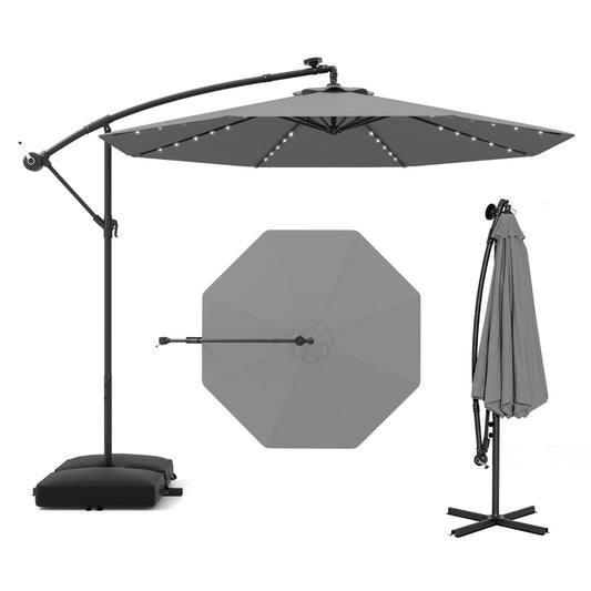 Costway 3m Hanging Offset Umbrella Cantilever Umbrella with 32 LED Lights-Grey