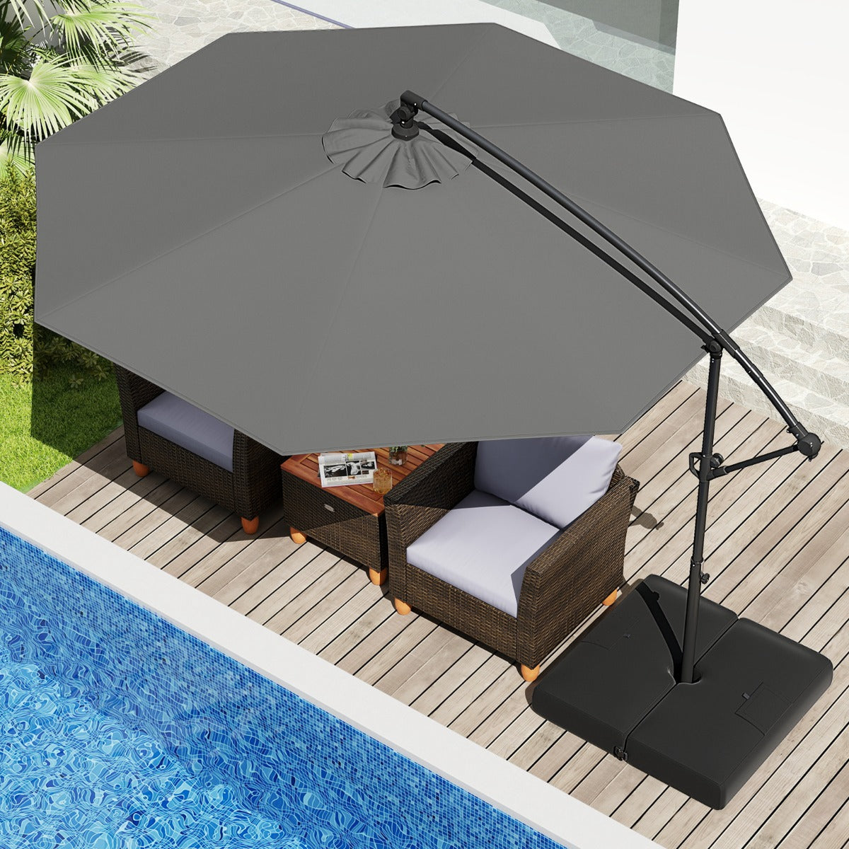 3M Offset Hanging Umbrella with Base Patio Cantilever Umbrella-Grey