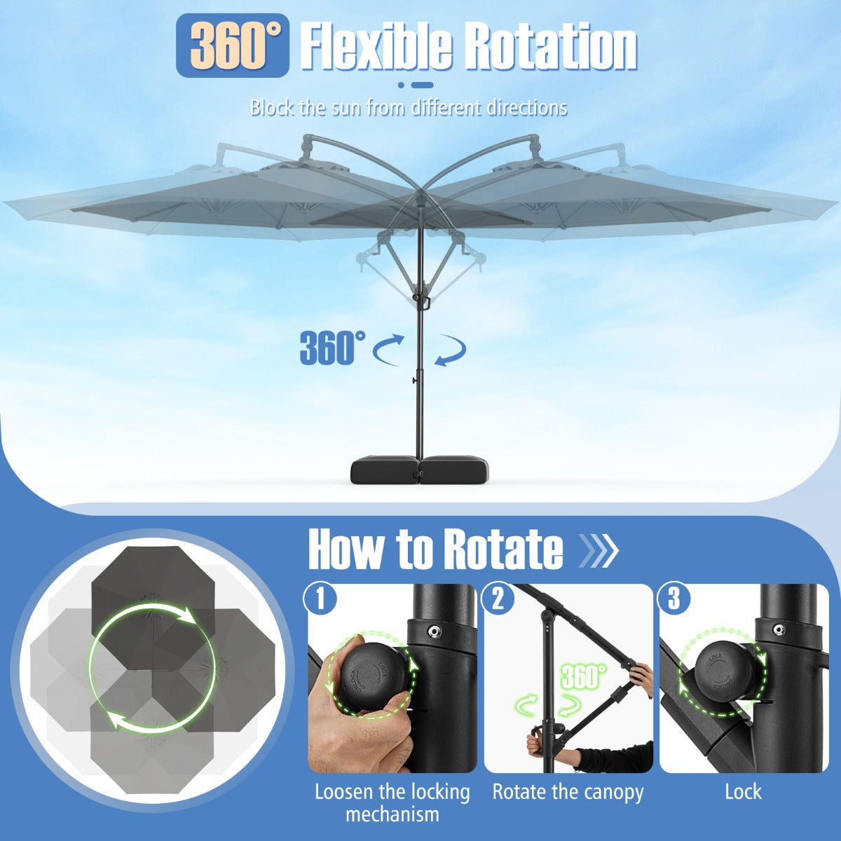 3M Offset Hanging Umbrella with Base Patio Cantilever Umbrella-Grey