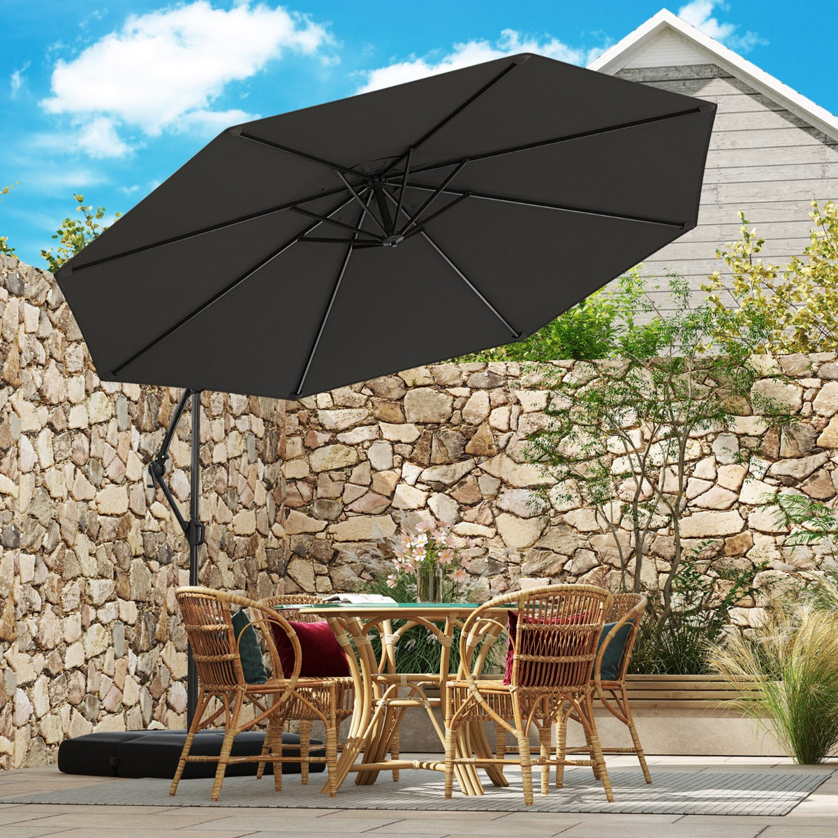 3M Offset Hanging Umbrella with Base Patio Cantilever Umbrella-Grey