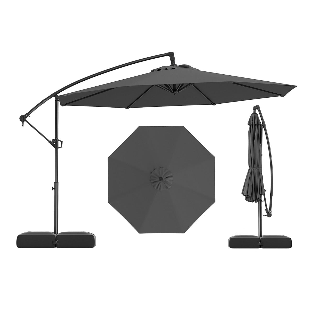 3M Offset Hanging Umbrella with Base Patio Cantilever Umbrella-Grey