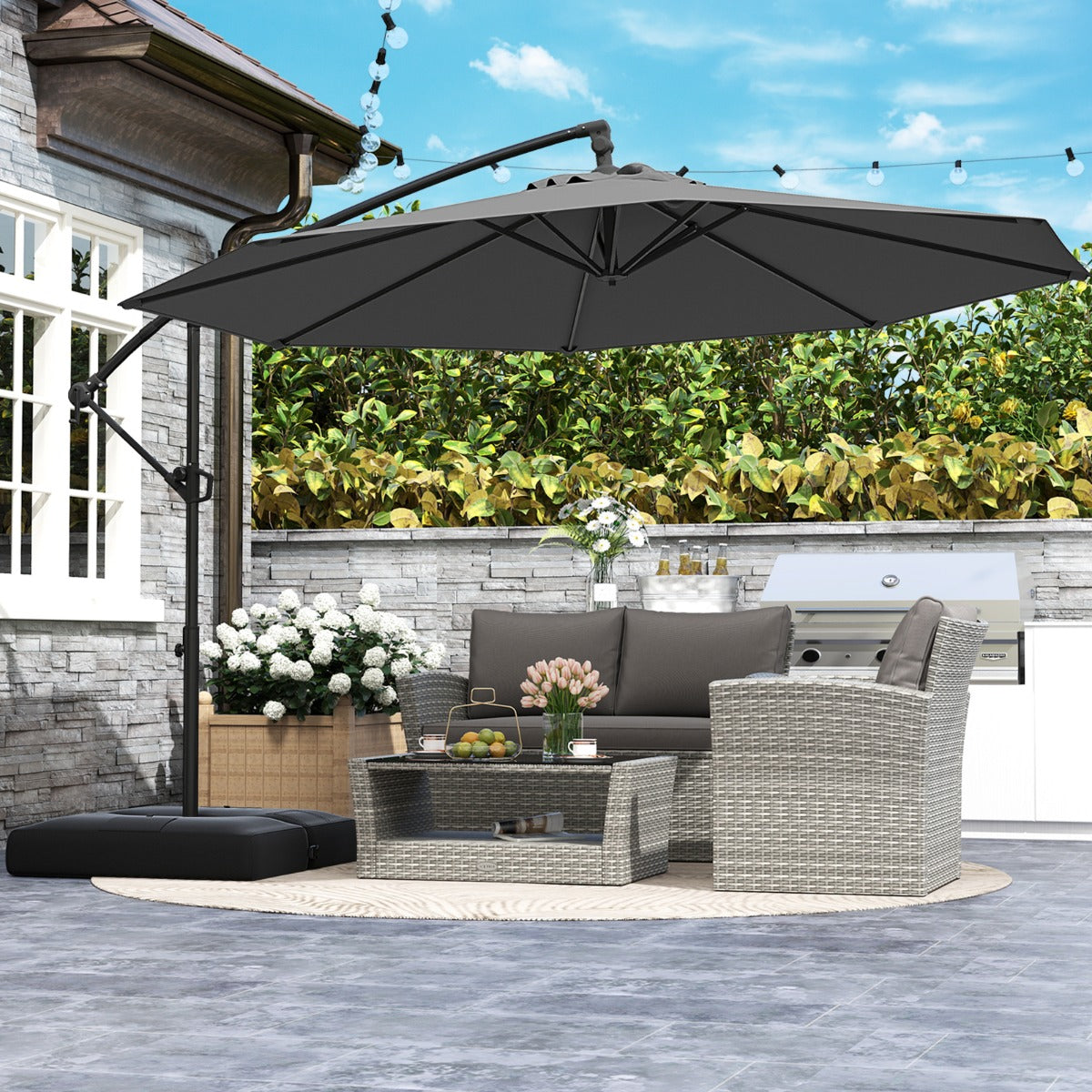 3M Offset Hanging Umbrella with Base Patio Cantilever Umbrella-Grey