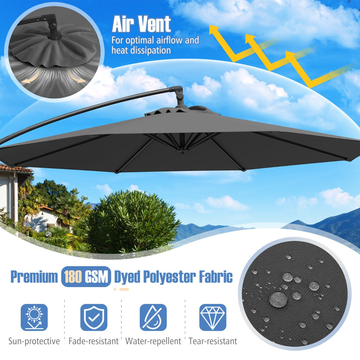 3M Offset Hanging Umbrella with Base Patio Cantilever Umbrella-Grey