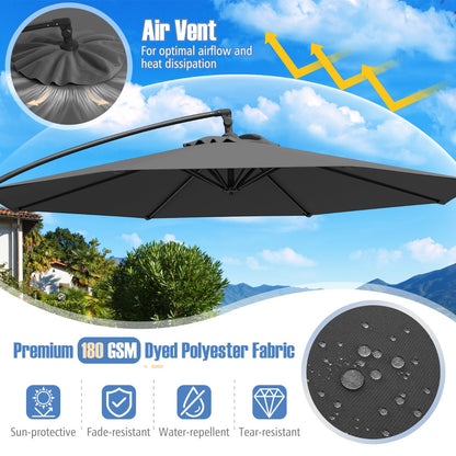 3M Offset Hanging Umbrella with Base Patio Cantilever Umbrella-Grey