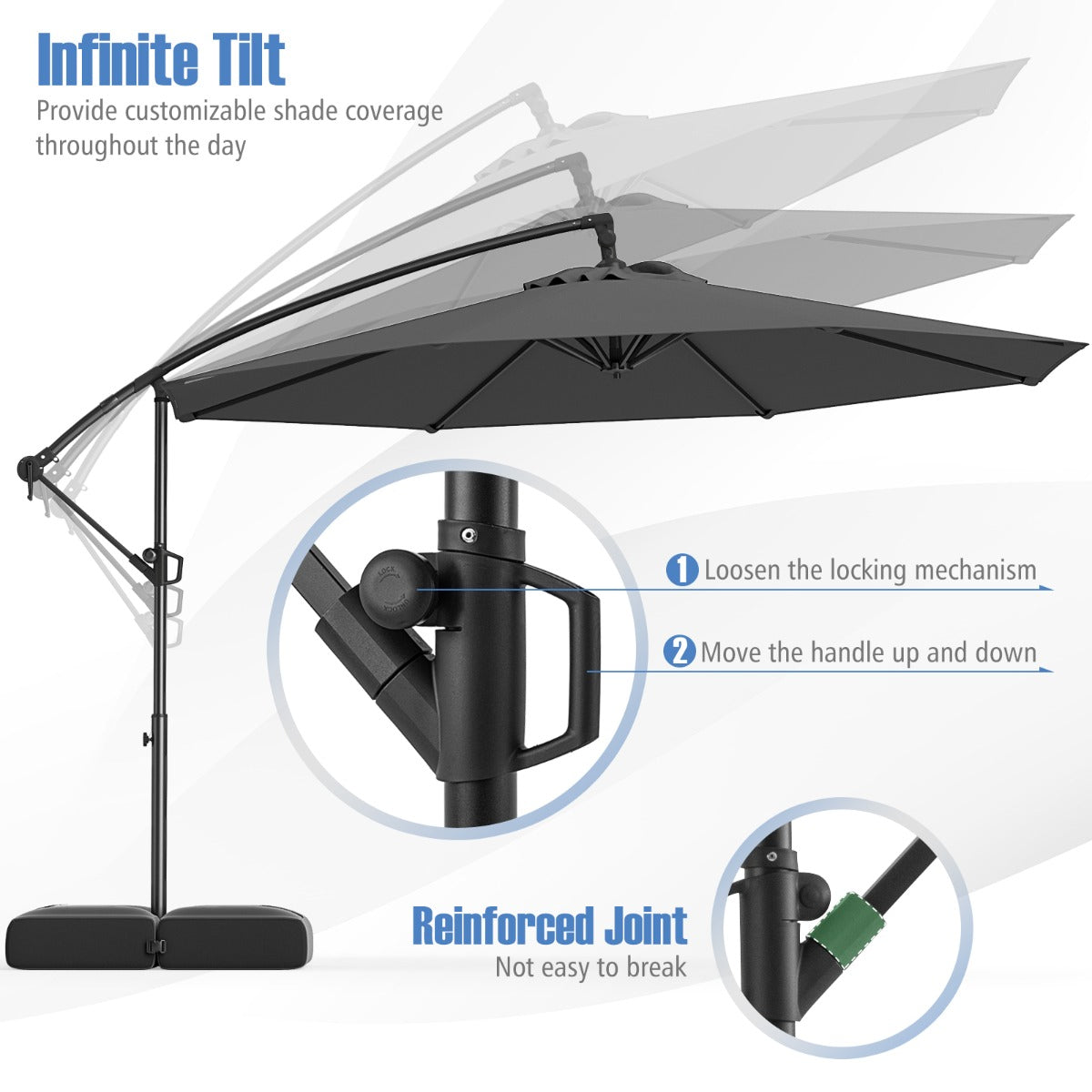 3M Offset Hanging Umbrella with Base Patio Cantilever Umbrella-Grey