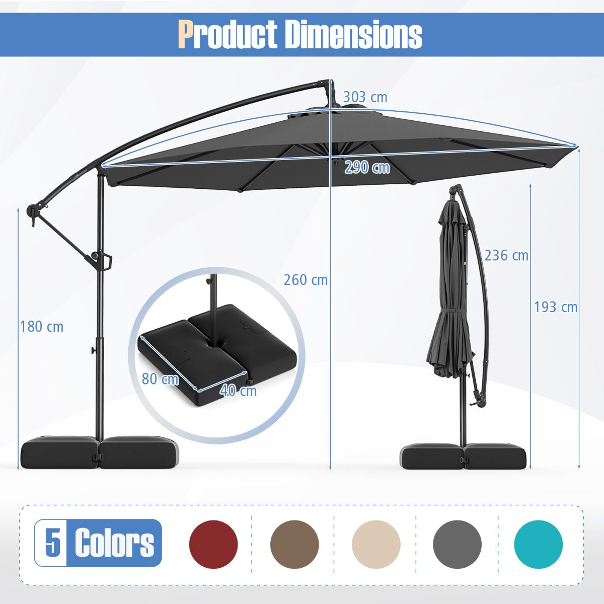 3M Offset Hanging Umbrella with Base Patio Cantilever Umbrella-Grey