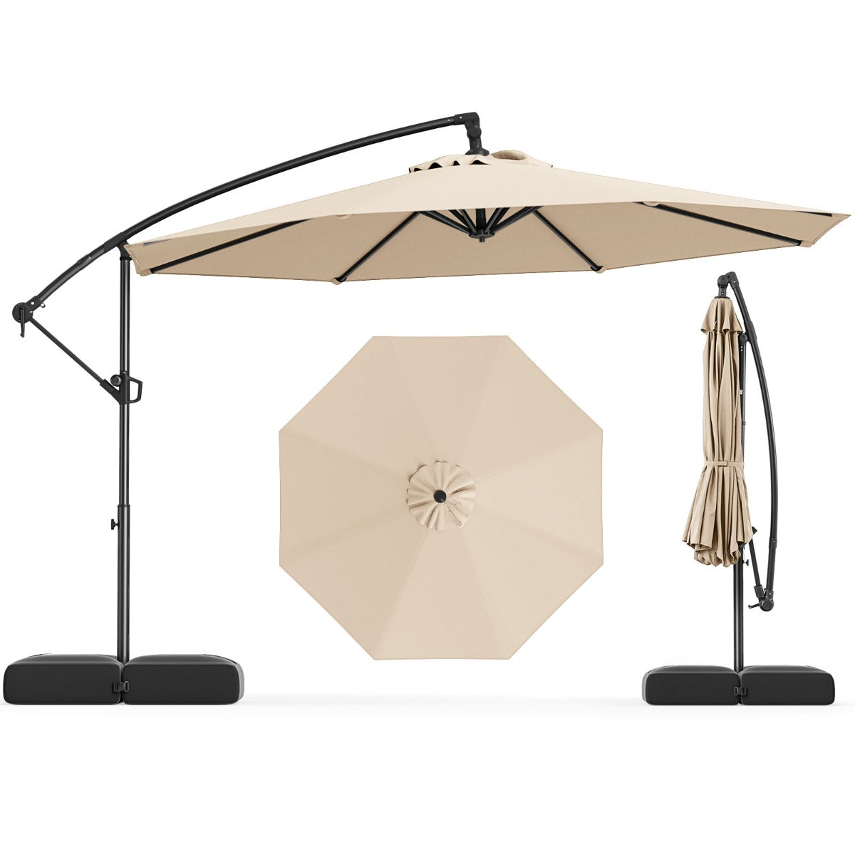 3M Offset Hanging Umbrella with Base Patio Cantilever Umbrella-Beige
