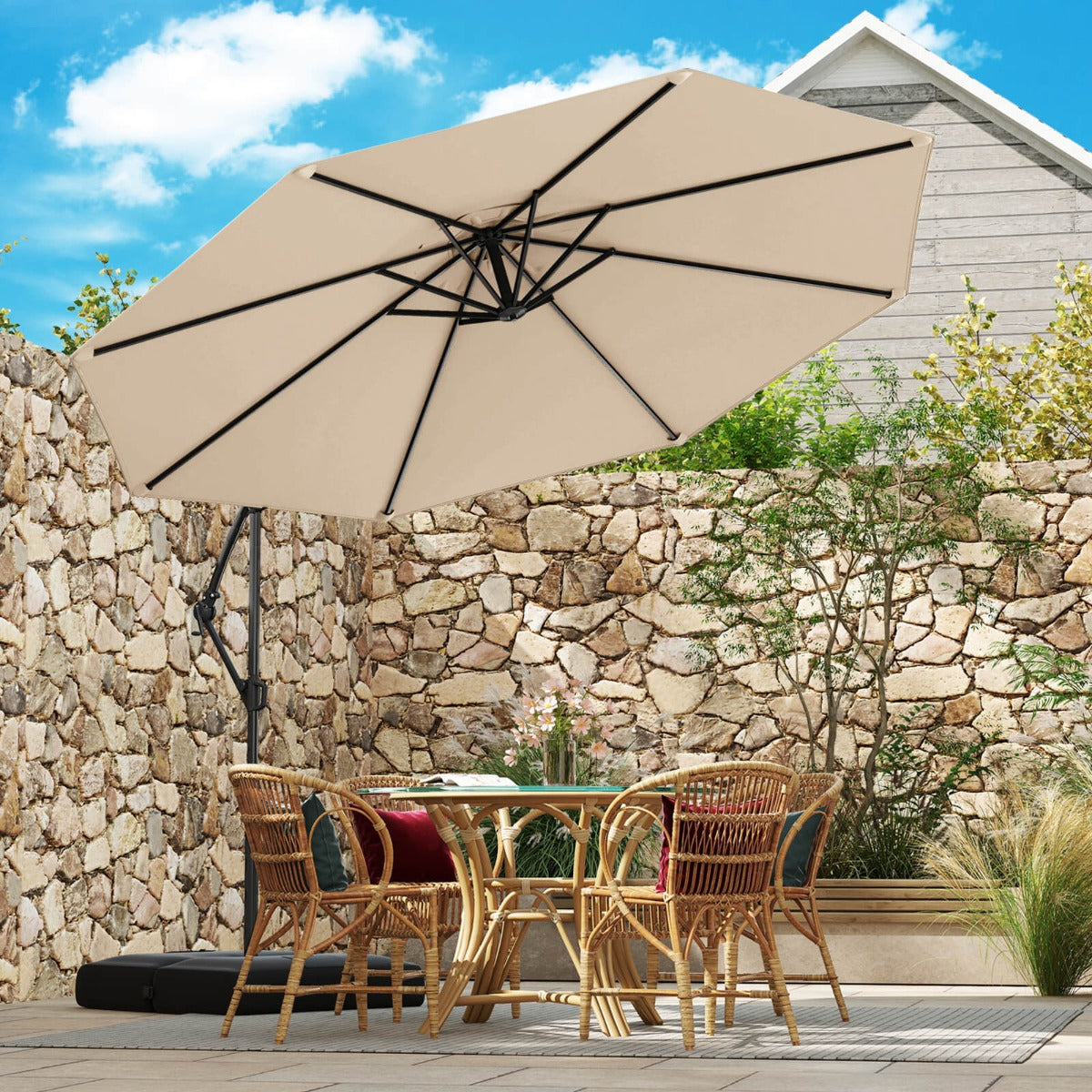 3M Offset Hanging Umbrella with Base Patio Cantilever Umbrella-Beige