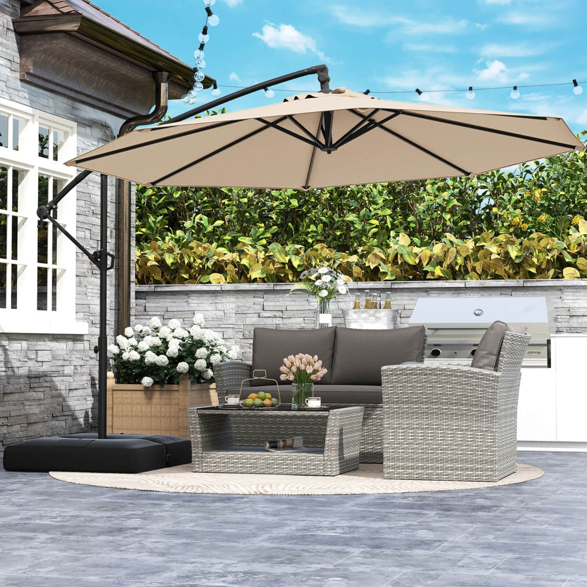 3M Offset Hanging Umbrella with Base Patio Cantilever Umbrella-Beige