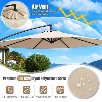 3M Offset Hanging Umbrella with Base Patio Cantilever Umbrella-Beige
