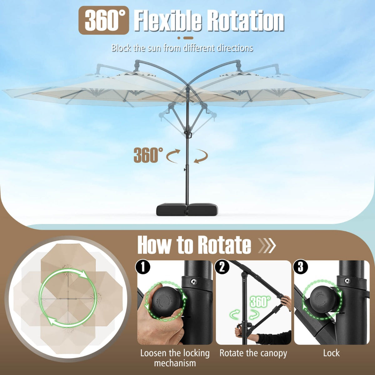 3M Offset Hanging Umbrella with Base Patio Cantilever Umbrella-Beige