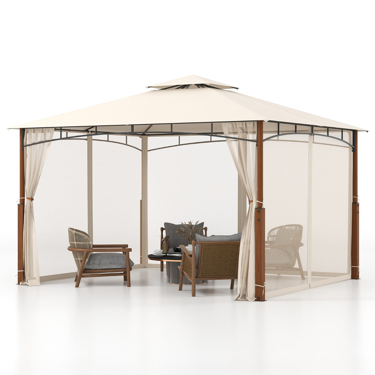 3.6M x 3M Outdoor Patio Gazebo with Netting and 2-Tier Canopy Roof-Beige