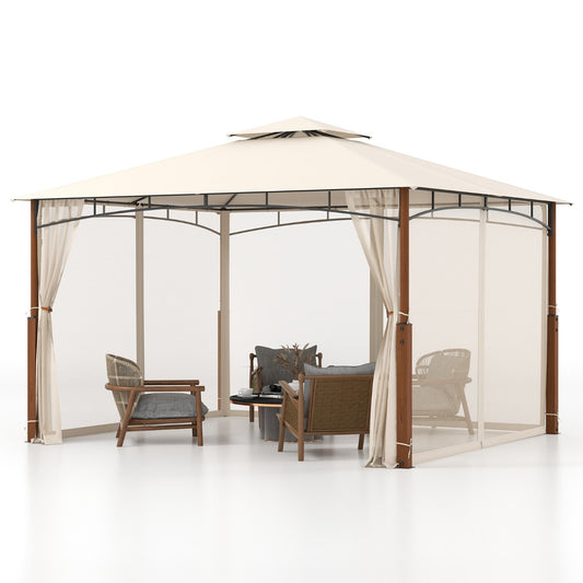 3.6M x 3M Outdoor Patio Gazebo with Netting and 2-Tier Canopy Roof-Beige