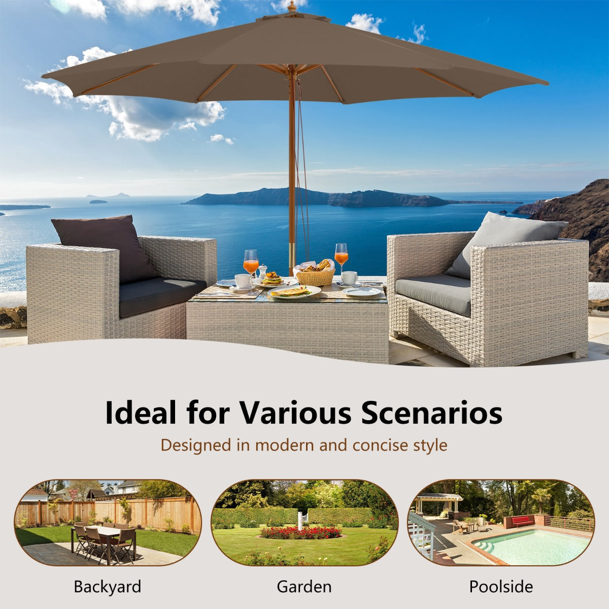 3M Patio Sunshade Umbrella with 8 Bamboo Ribs-Coffee