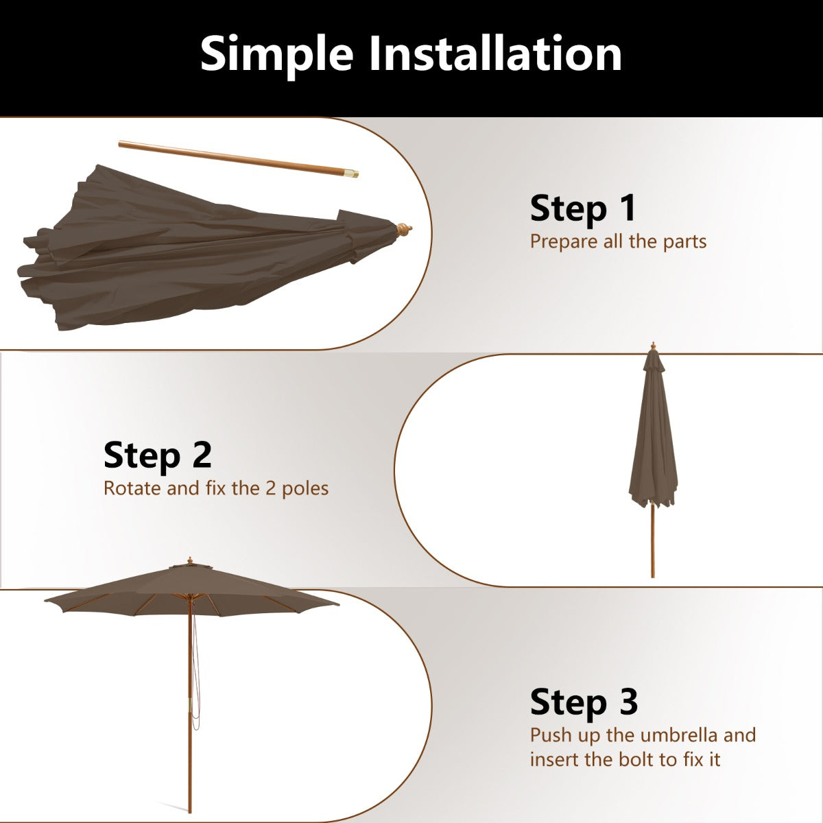 3M Patio Sunshade Umbrella with 8 Bamboo Ribs-Coffee