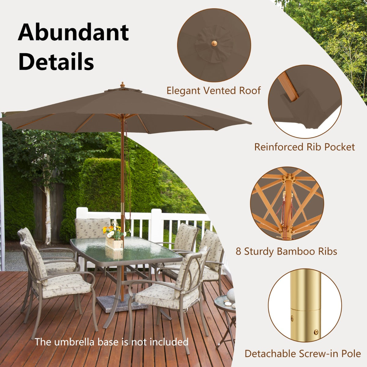 3M Patio Sunshade Umbrella with 8 Bamboo Ribs-Coffee