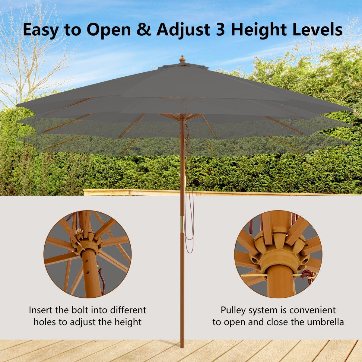 3M Patio Sunshade Umbrella with 8 Bamboo Ribs-Grey
