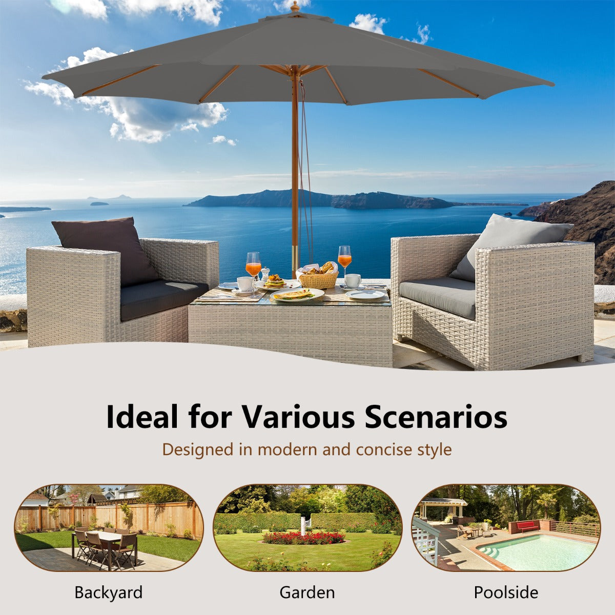 3M Patio Sunshade Umbrella with 8 Bamboo Ribs-Grey