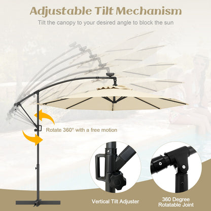 Costway 3M Solar LED Offset Cantilever Umbrella with Easy Tilt Adjustment-Beige