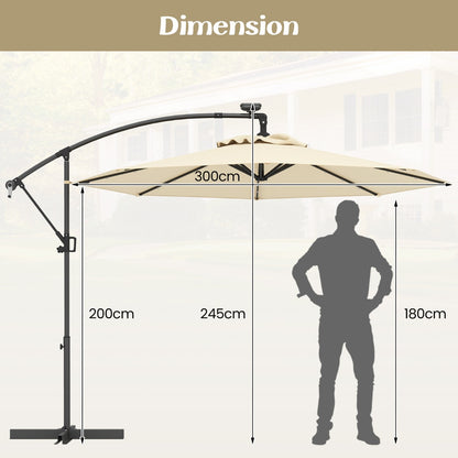 Costway 3M Solar LED Offset Cantilever Umbrella with Easy Tilt Adjustment-Beige