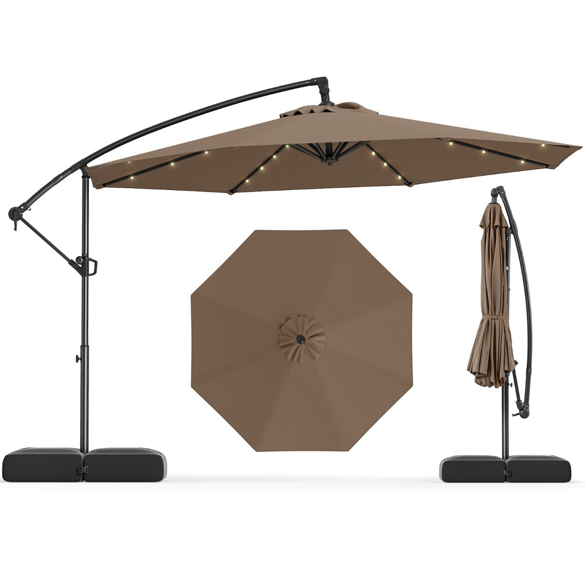 3m Solar Offset Hanging Umbrella with 32 LED Lights and 360° Rotation-Walnut