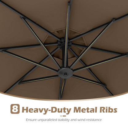 3m Solar Offset Hanging Umbrella with 32 LED Lights and 360° Rotation-Walnut