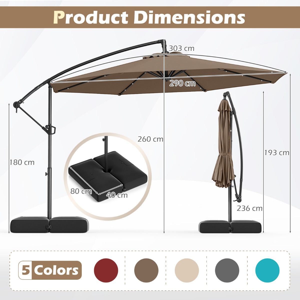 3m Solar Offset Hanging Umbrella with 32 LED Lights and 360° Rotation-Walnut