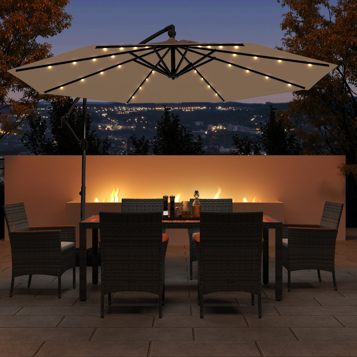 3m Solar Offset Hanging Umbrella with 32 LED Lights and 360° Rotation-Walnut