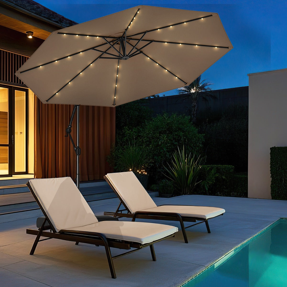 3m Solar Offset Hanging Umbrella with 32 LED Lights and 360° Rotation-Walnut