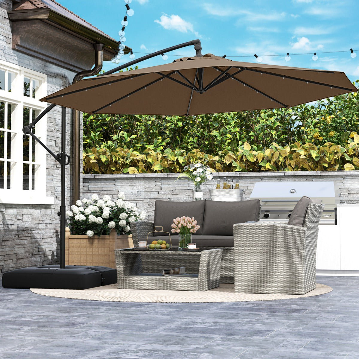 3m Solar Offset Hanging Umbrella with 32 LED Lights and 360° Rotation-Walnut