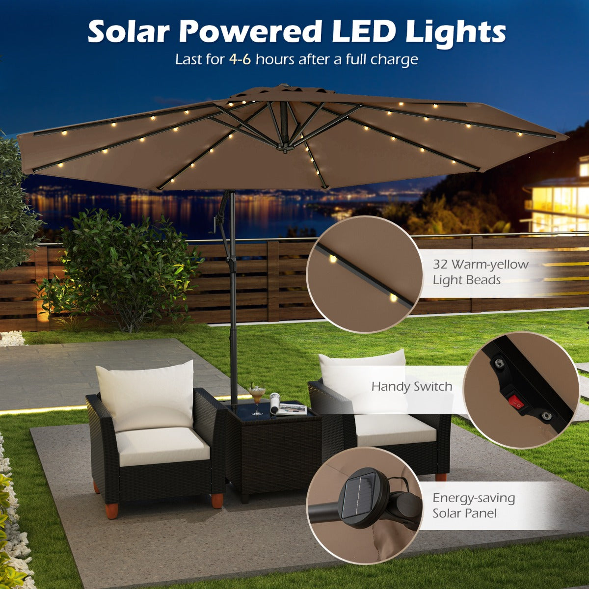 3m Solar Offset Hanging Umbrella with 32 LED Lights and 360° Rotation-Walnut