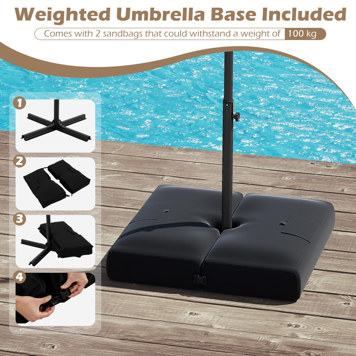 3m Solar Offset Hanging Umbrella with 32 LED Lights and 360° Rotation-Walnut