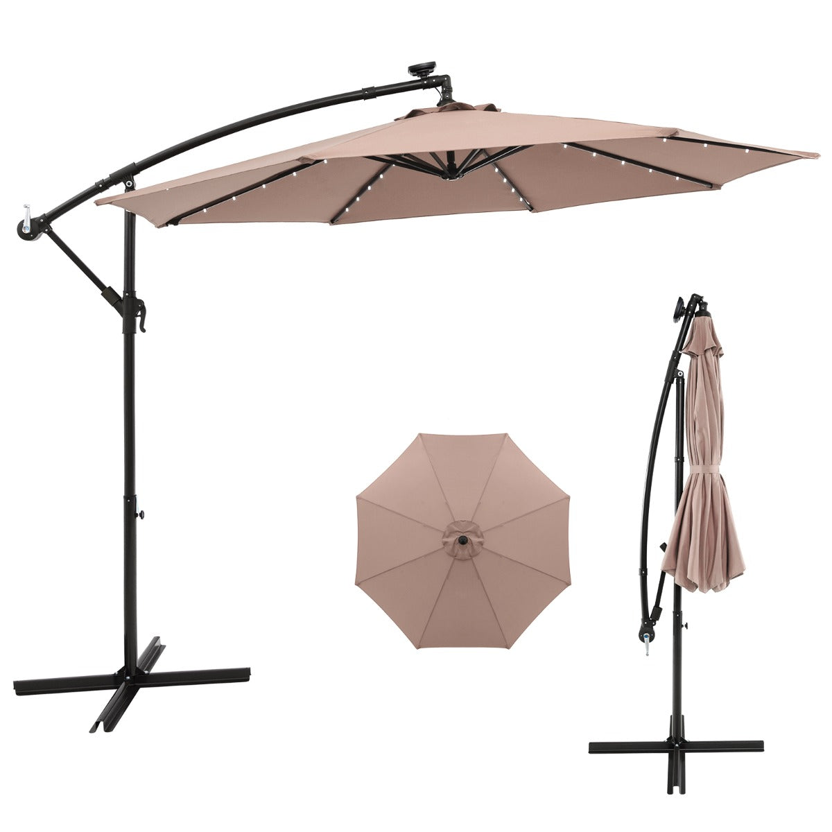Beige polyester cantilever umbrella with eight heavy-duty ribs and a reinforced triangular frame