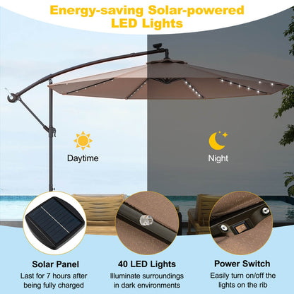 Costway 3m Solar Patio Offset Umbrella Adjustable with 40 LED and Cross Base Stand-Brown