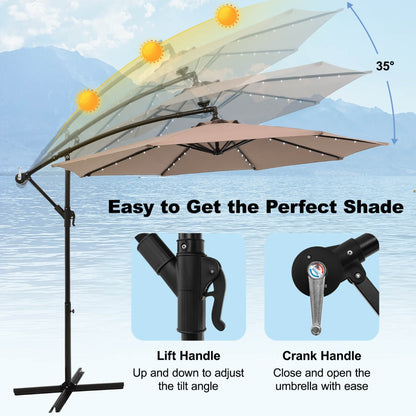 Costway 3m Solar Patio Offset Umbrella Adjustable with 40 LED and Cross Base Stand-Brown