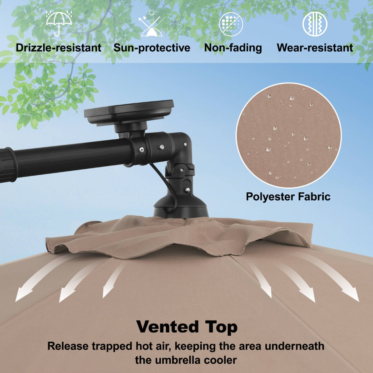 Cross-base solar patio umbrella provides a stable foundation; weighted base is required and not included