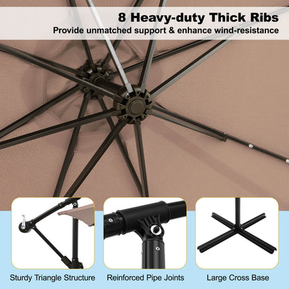 Costway 3m Solar Patio Offset Umbrella Adjustable with 40 LED and Cross Base Stand-Brown